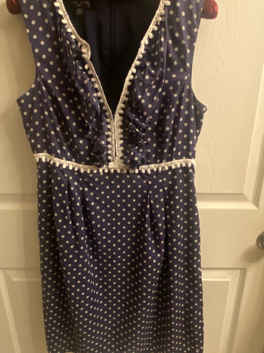 Nine West Navy and white polka dot empire ruffle unique accent Dress